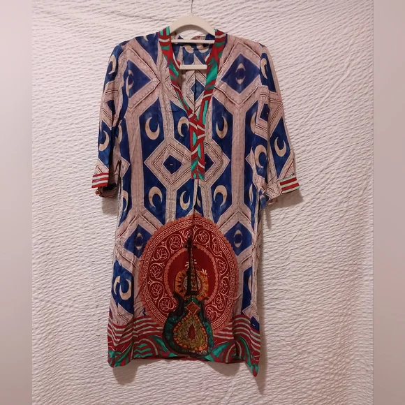 100% Silk Bohemian Geometric Print Tunic in Blue and Red XS - Picture 2 of 6